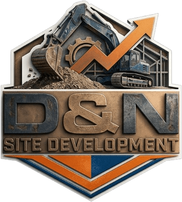 D&N Site Development logo — excavator, gear and growth arrow over a D&N nameplate